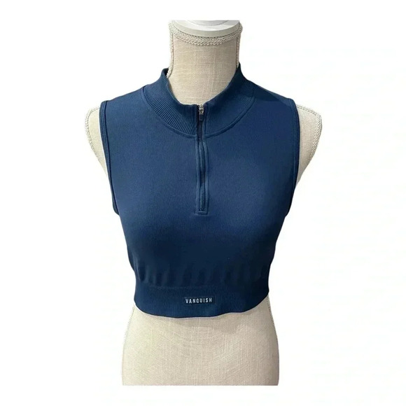 Vanquish Fitness Blue 1/4 Zip Workout Active Sleeveless Crop Top Women’s Size L - Picture 1 of 9
